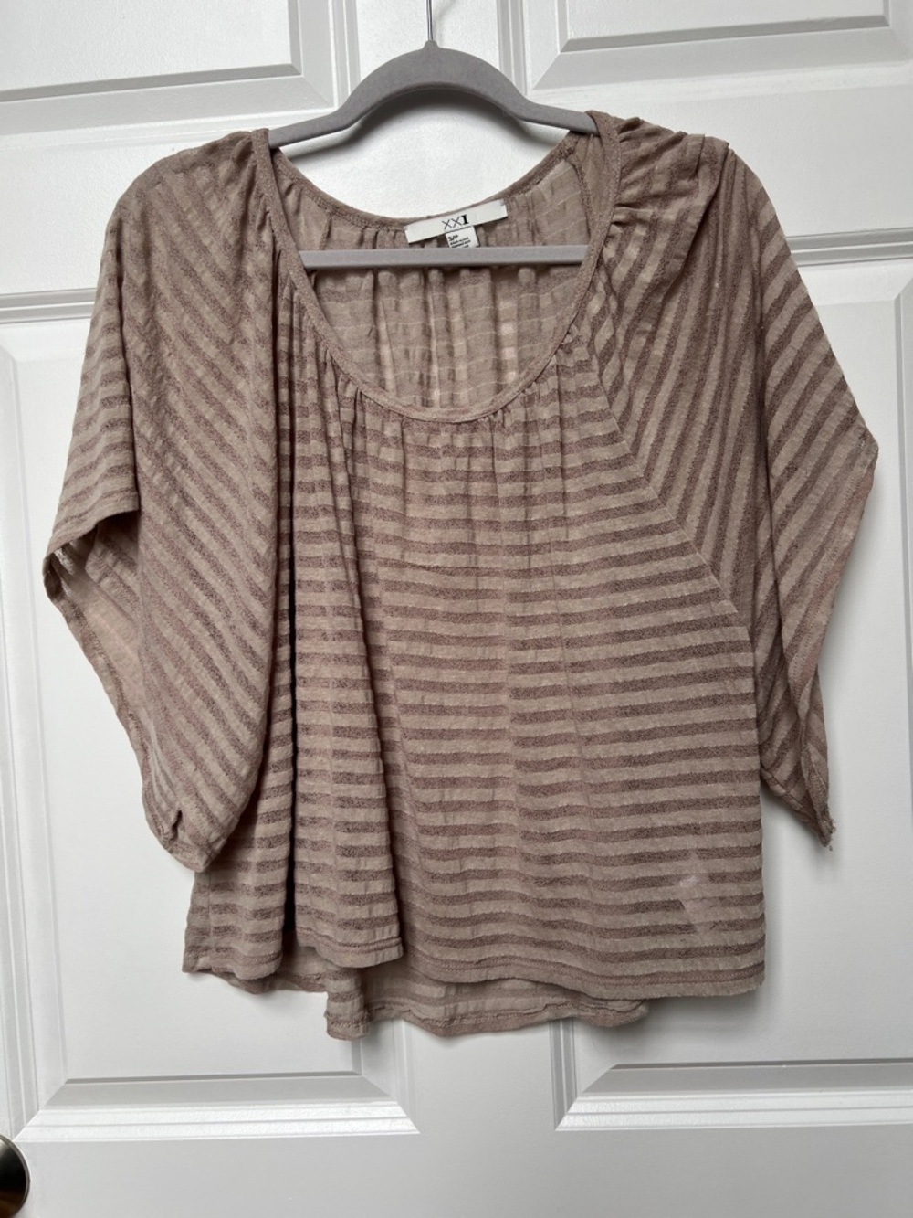 Forever 21 Taupe Sheer Striped Scoop Neck Blouse